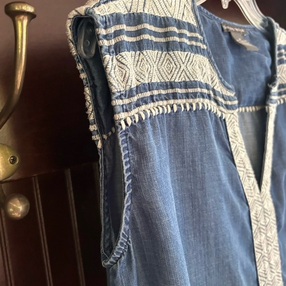 CHELSEA & THEODORE Embroidered Fringe Chambray Boho Tunic Dress Coverup | Sz M - Picture 4 of 13